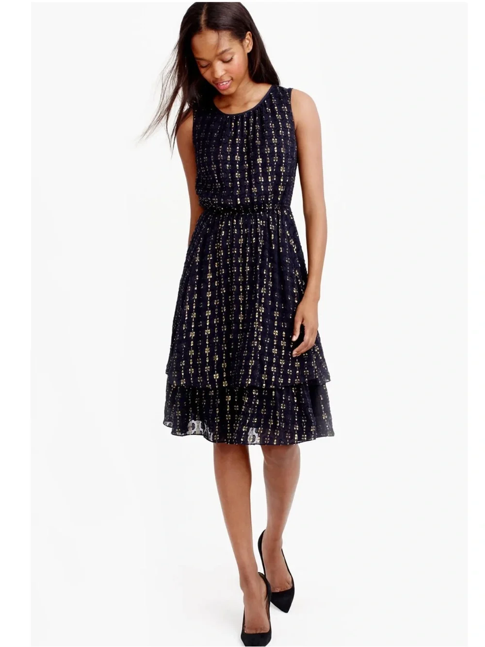 J Crew Silk Blend Textured Dress Size 2 Navy Blue Gold Chiffon Tiered Sleeveless